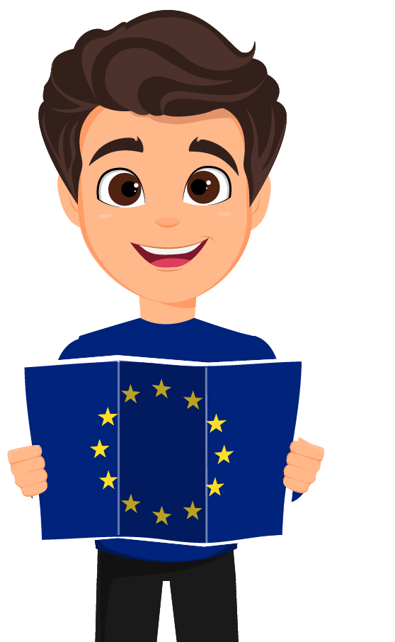 EUtforskeren illustrasjon. Holder et kart med EU-flagg