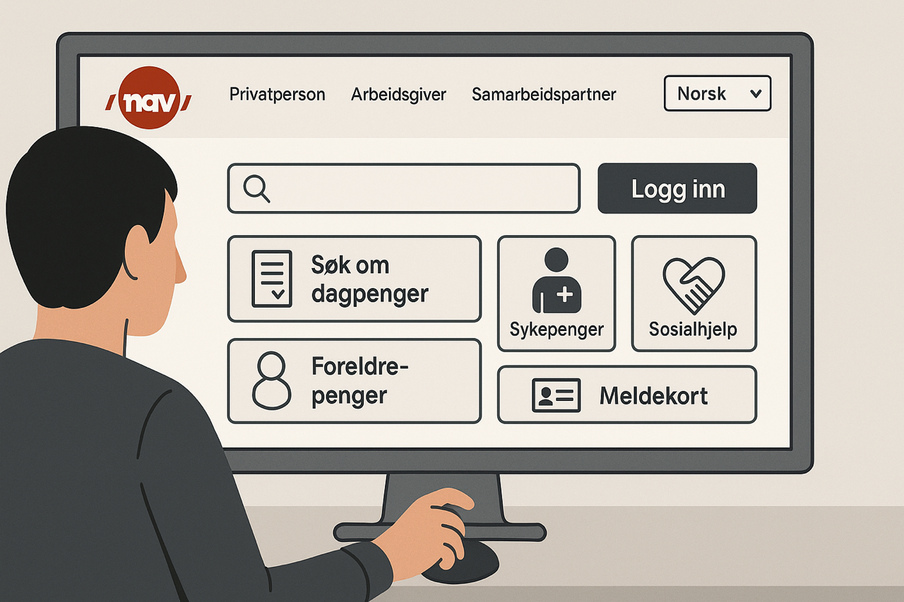Illustrasjon i flat design som viser en person foran en dataskjerm med NAVs nettside. På skjermen vises NAV-logoen, menyvalg som 'Privatperson', 'Arbeidsgiver' og 'Samarbeidspartner', språkvelger, søkefelt og en fremhevet 'Logg inn'-knapp. Under disse ligger store knapper med ikoner og tekst for tjenester som 'Søk om dagpenger', 'Sykepenger', 'Sosialhjelp', 'Foreldrepenger' og 'Meldekort'