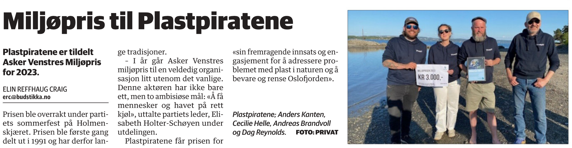 Artikkel i om Asker Venstres miljøpris til PlastPiratene Budstikka 12. juni 2023