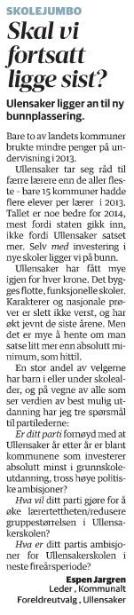 Leserbrev om satsing på skole i Ullensaker fra KFU Ullensaker