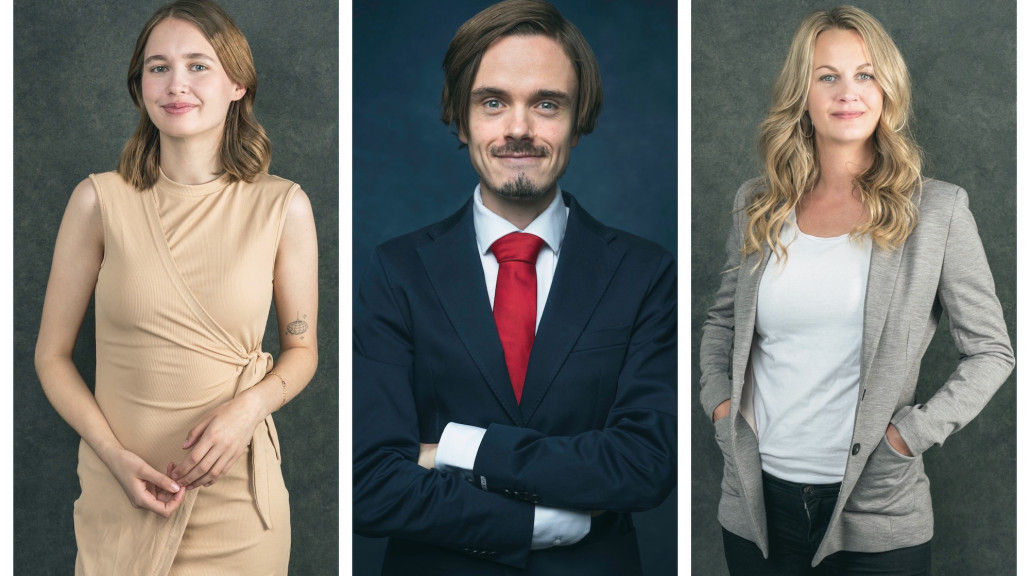 Collage med portretter av 2. kandidat Emilie Ovnerud, 1. kandidat Herman Ekle Lund og 4. kandidat Camilla Ulsund.