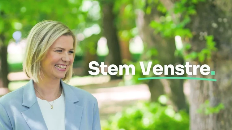 Bilde med Guri Melby med teksten "Stem Venstre."