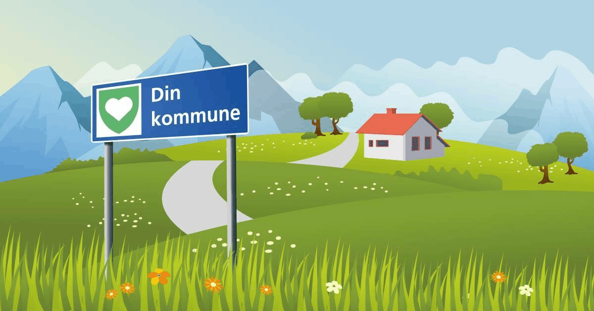 Illutrasjon kommuneskilt med "Din kommune" i grønn bygd