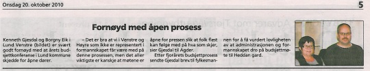 Faksimile: Avisen Agder. Åpenhet i budsjettprosessen