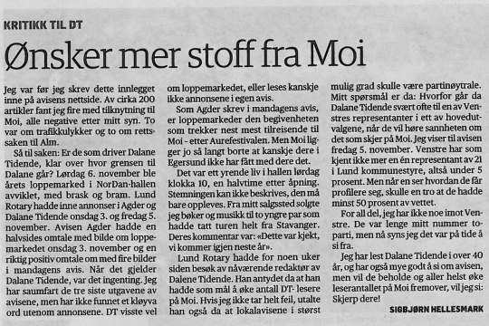 Faksimile: Dalane Tidende - Kritikk for mye Lund venstre i DT?