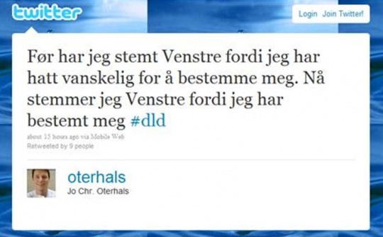 Twittermelding og medlemskap i Venstre og DLD.