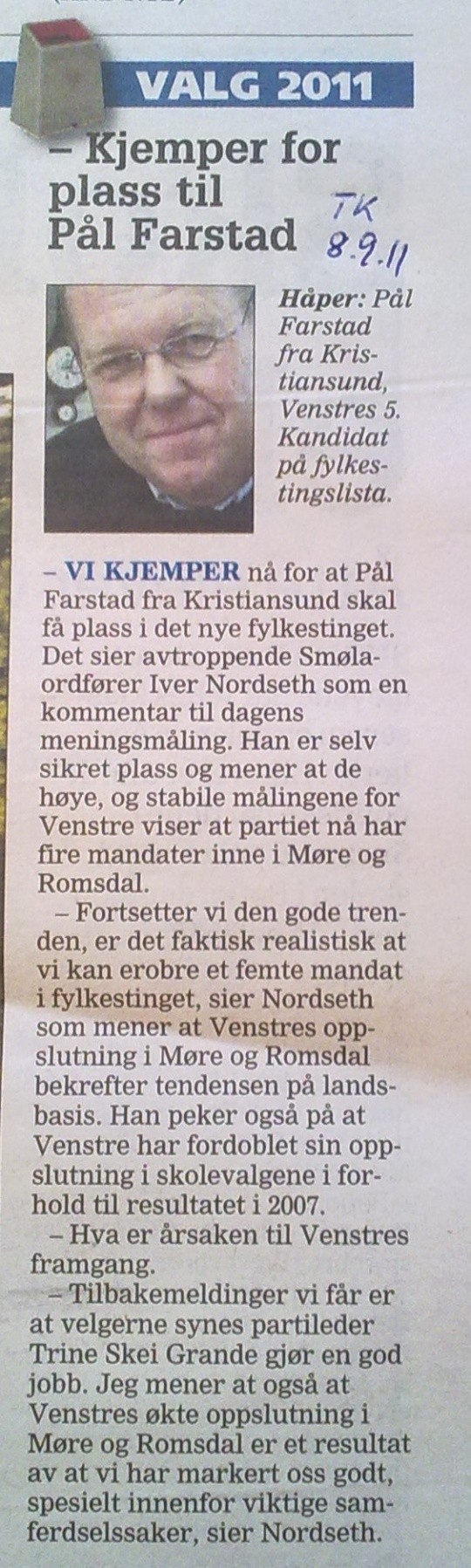 Pål  Farstadpå kampplass til fylkestinget