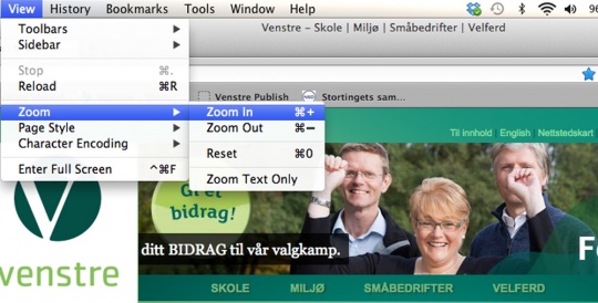  Bruk menyvalget VIS og ZOOM for å endre tekststørrelsen på nettsidene. 