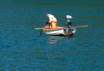 Fisker i båt med garn og en måke