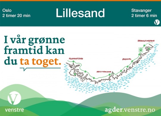  Venstre satser på tog! Bor du for eksempel i Lillesand, vil dette kunne være reisetiden din til henholdsvis Oslo og Stavanger i framtiden!