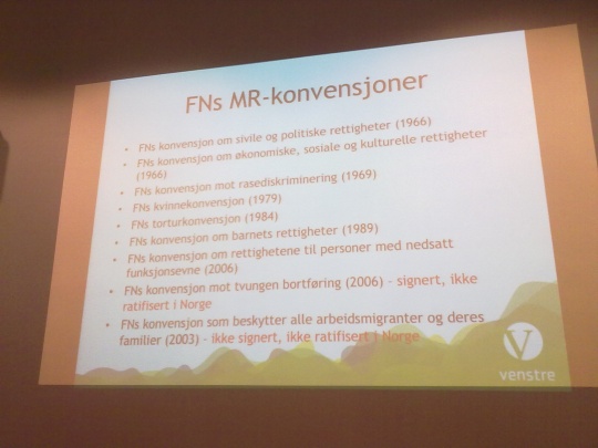  FNs Menneskerettighetskonvensjoner. Plakat fra debatt Menneskerettigheter på årsmøtet 2014