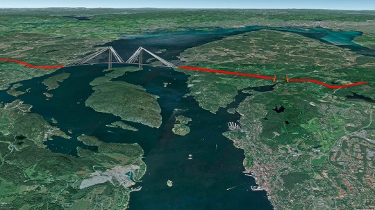 Planlagt trase for alternativet bro over Håøya med tilknytningsveier